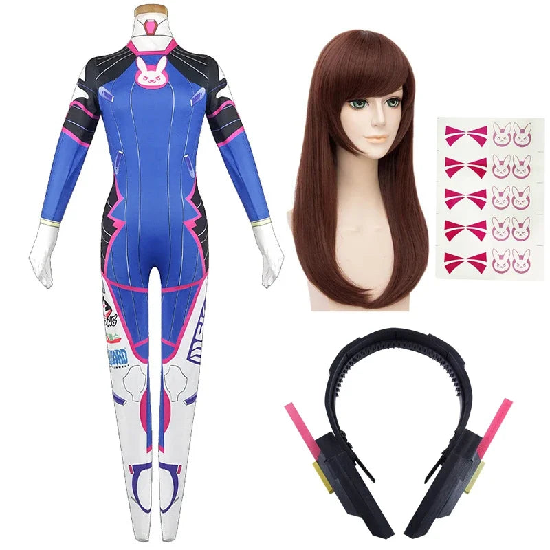 Game Overwatch Dva Cosplay Costumes Tights Jumpsuit Wig Headphone Gun Cosplay Props Tattoo Stickers Suit Woman Party Zentai Cos