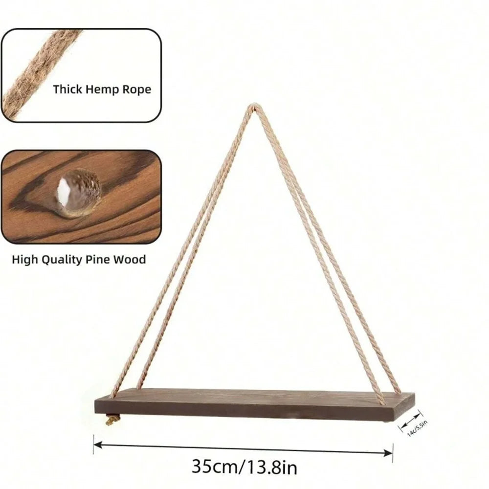 Wood Hanging Shelf with Hemp Rope for Plants, Decor & Storage