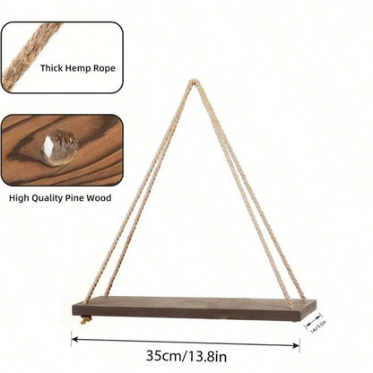 Wood Hanging Shelf with Hemp Rope for Plants, Decor & Storage