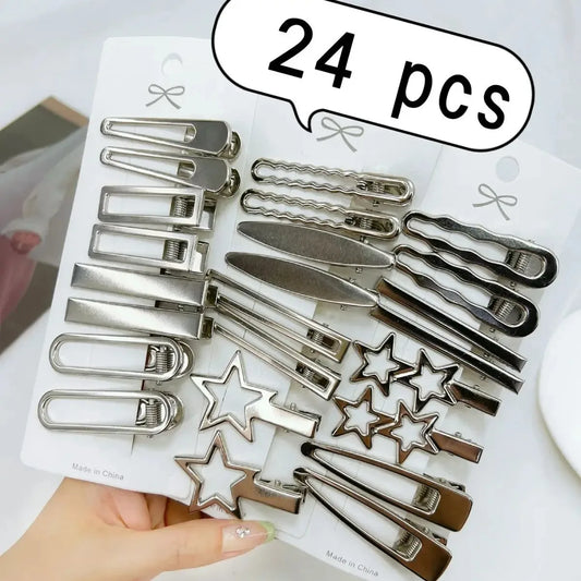 24PCS Silver Hair Clips Set for Women & Girls with Star and Duckbill Styles