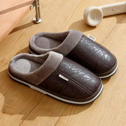 Men's Winter Slippers – Waterproof PU Leather Big Size Home Shoes