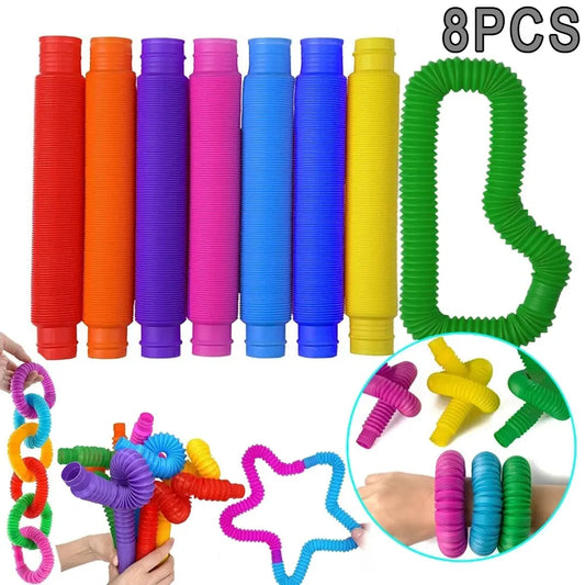 Pop Tubes Sensory Toy 8-Pack Stretchy Telescopic Tubes for Kids