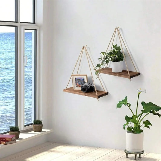 Wood Hanging Shelf with Hemp Rope for Plants, Decor & Storage