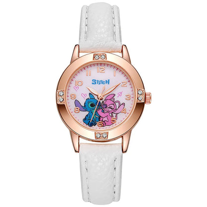 Girls Watch with Leather Strap and Rhinestone Dial