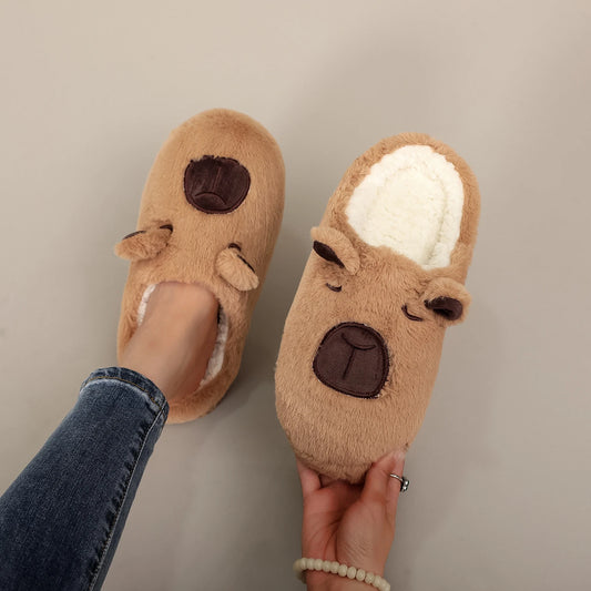 Brown Plush Capybara Slippers – Warm Non-Slip Indoor Shoes