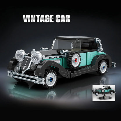 Vintage Classic Car Building Blocks, Retro Roadster Model Bricks with Display Stand, DIY Assembled Collectible Toy Gift