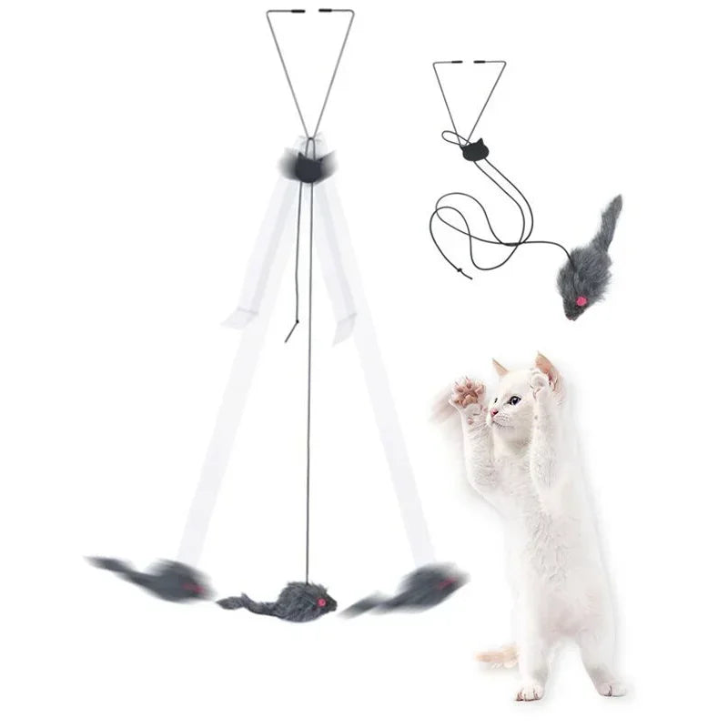 Interactive Cat Door Toy with Hanging Mouse and Retractable Rope