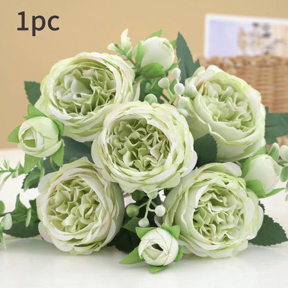 30cm Rose Pink Silk Bouquet Peony Artificial Flower 5 Big Head 4 Small Bud Bride Wedding Home Decoration Artificial Flower