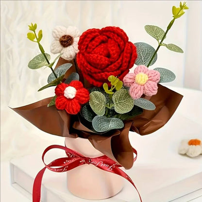 1 Piece of Beautiful Handmade Crocheted Rose and Sunflower Bouquet with a Hug Bucket, Valentine's Day, Mother's Day, Birthday, Housewarming Gift, Room Desktop Decoration