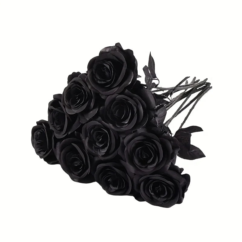 10pcs Artificial Black Roses Fake Flowers, Long Stem, with No Container, for Halloween, Home Decor, Wedding Party, Tabletop
