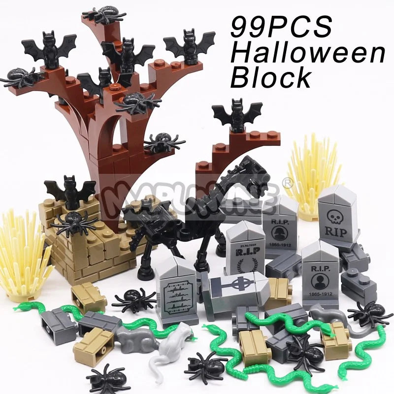 MARUMINE Halloween Building Blocks Set 99-265pcs Graveyard Grave Tombstone Construction Decoration Bricks with Bat Spider Snake