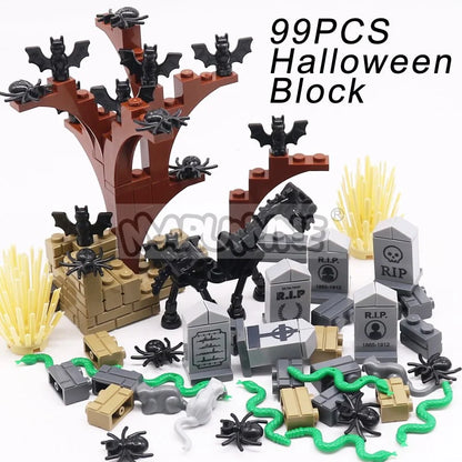 MARUMINE Halloween Building Blocks Set 99-265pcs Graveyard Grave Tombstone Construction Decoration Bricks with Bat Spider Snake