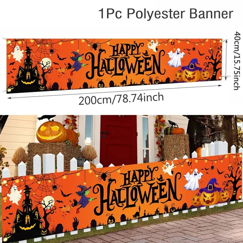 Ghost Halloween Pumpkin Banner Retro Halloween Party Signs Banner Decorations Fence Yard Porch Sign Outdoor Terror Decorations