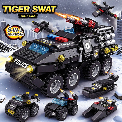 6 in 1 Military Building Blocks Tiger Police Car Armored Vehicle Aircraft Set Boys DIY Construction Toys Christmas Birthday Gift