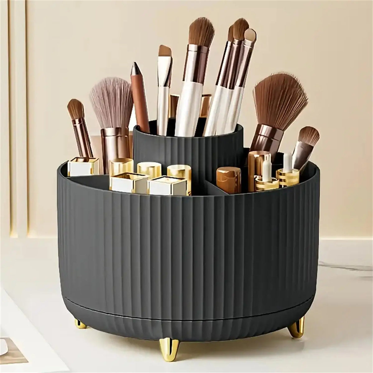 Rotating Makeup Organizer with 5 Compartments for Cosmetics & Brushes