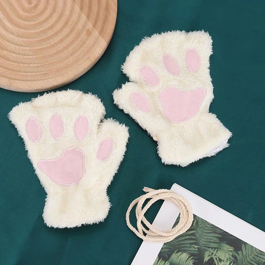 Cat Paw Gloves – Plush Half Finger Winter Gloves