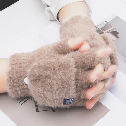 Women's Fingerless Gloves Soft Plush Knit Winter Mittens