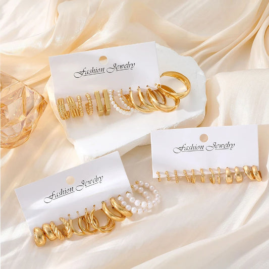 Geometric Hoop Earrings Set – Bohemian Gold Tone Jewelry for Women