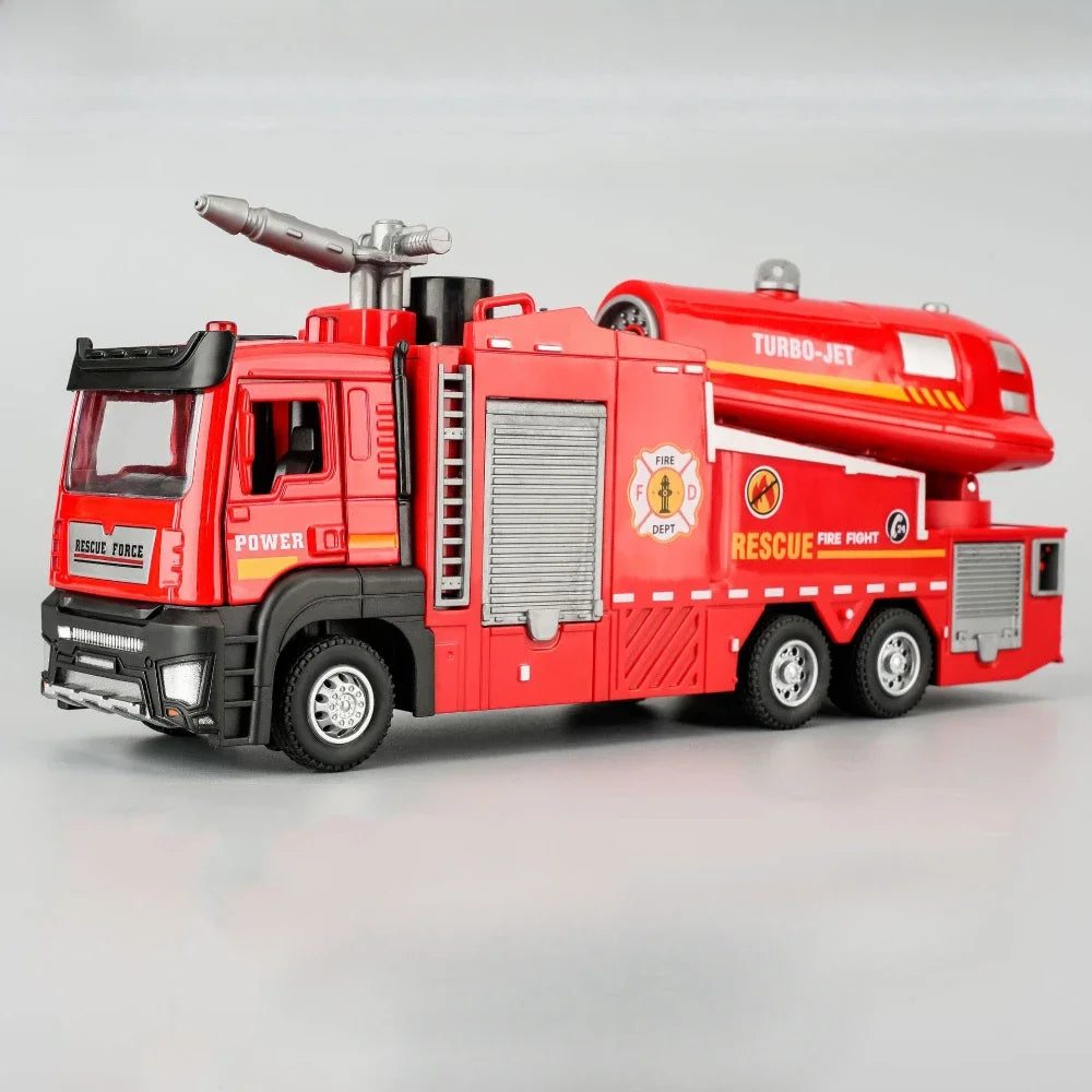 1:32 Scale Water Spray Fire Truck Model Ladder Trucks Toy Car Sound Light Pull Back Doors Opened Vehicle Collection Boys Gift