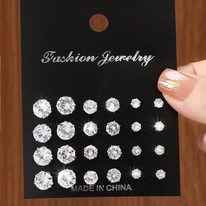 12 Pairs Cubic Zirconia Stud Earrings for Women – Geometric Styles