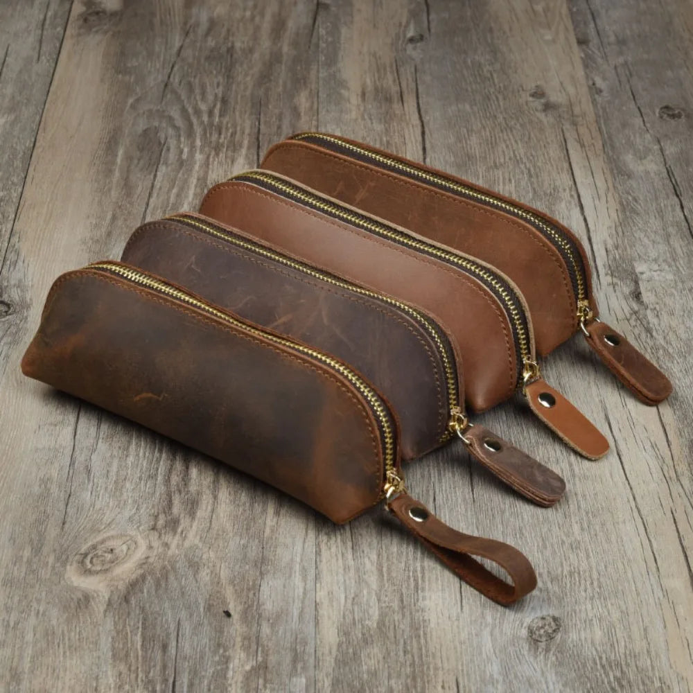 Leather Pencil Case with Zipper for Pens, Stationery and Storage