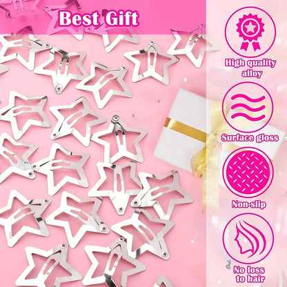 Silver Star Hair Clips – Metal Snap Barrettes for Women and Girls