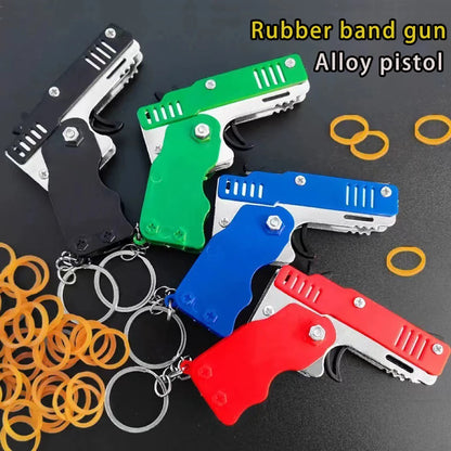 Mini Folding Rubber Band Launcher Toy with Keychain and 60 Bands