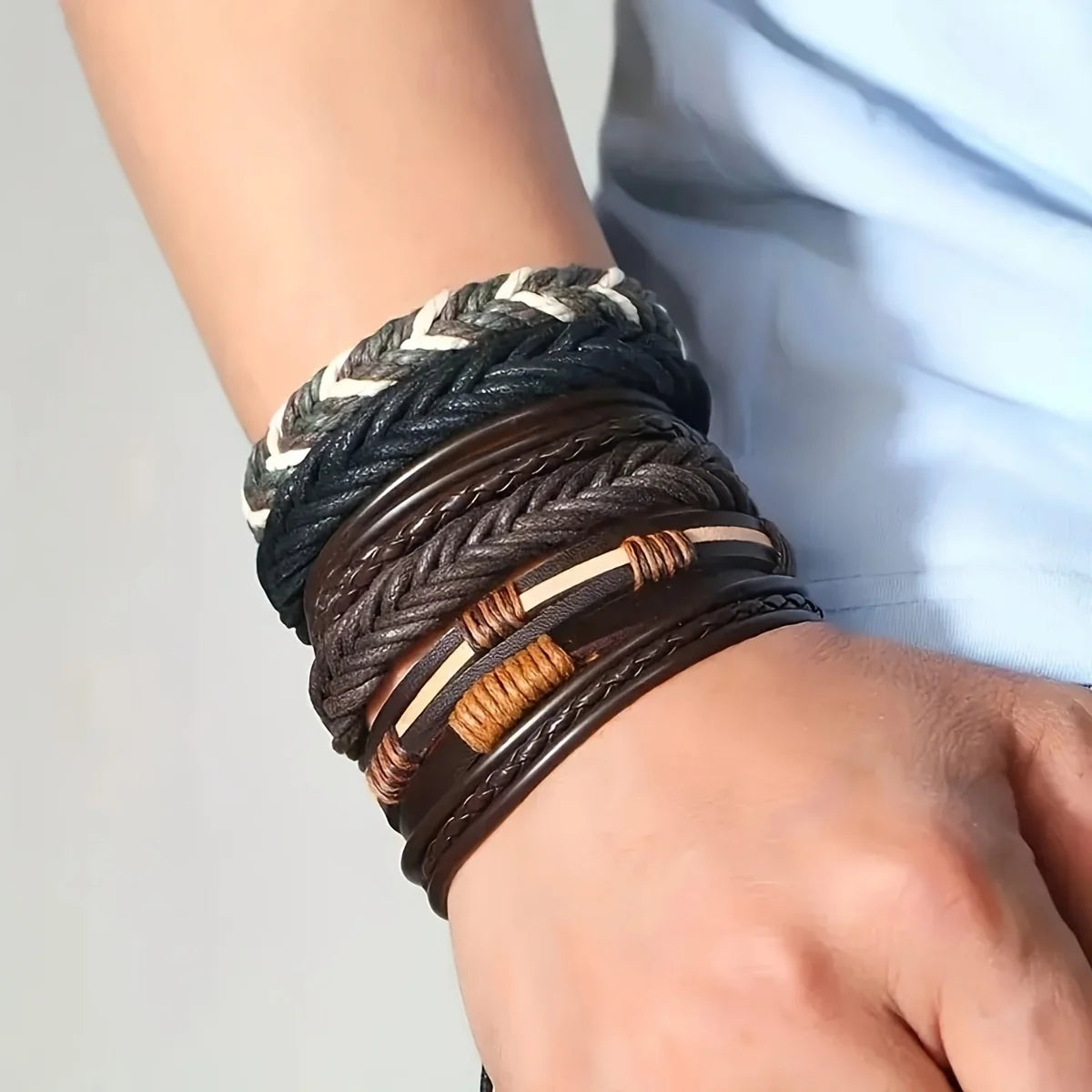 Braided Leather Bracelets Set – Adjustable Wrap Wristbands for Men & Women