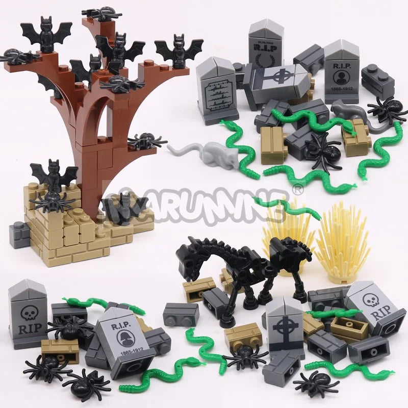 MARUMINE Halloween Building Blocks Set 99-265pcs Graveyard Grave Tombstone Construction Decoration Bricks with Bat Spider Snake