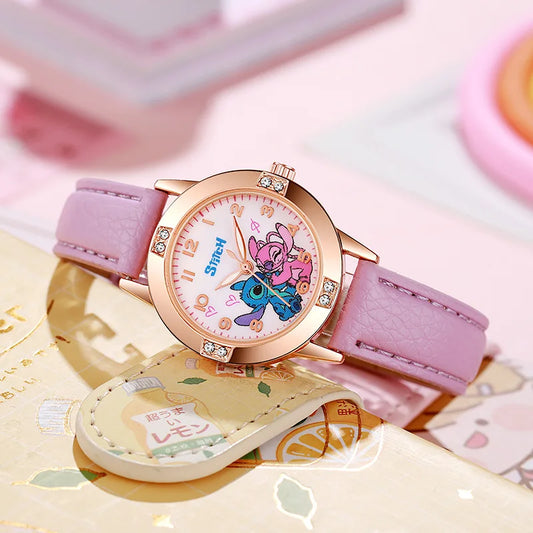 Girls Watch with Leather Strap and Rhinestone Dial