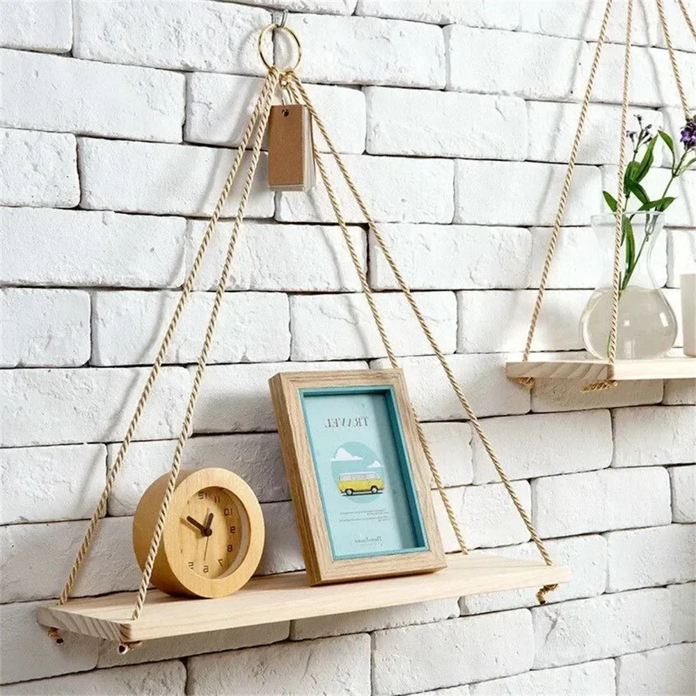 Wood Hanging Shelf with Hemp Rope for Plants, Decor & Storage