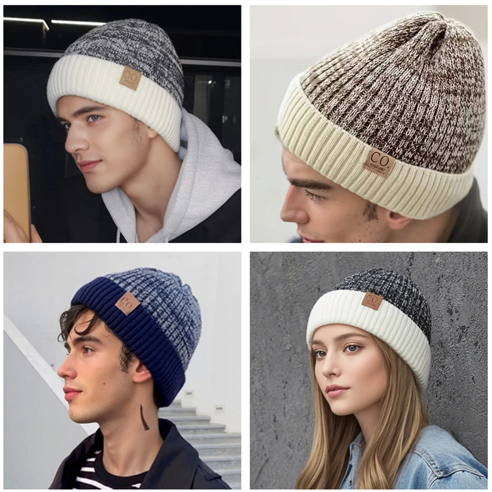Fur Lined Winter Beanie Warm Two Tone Knit Hat for Men & Women