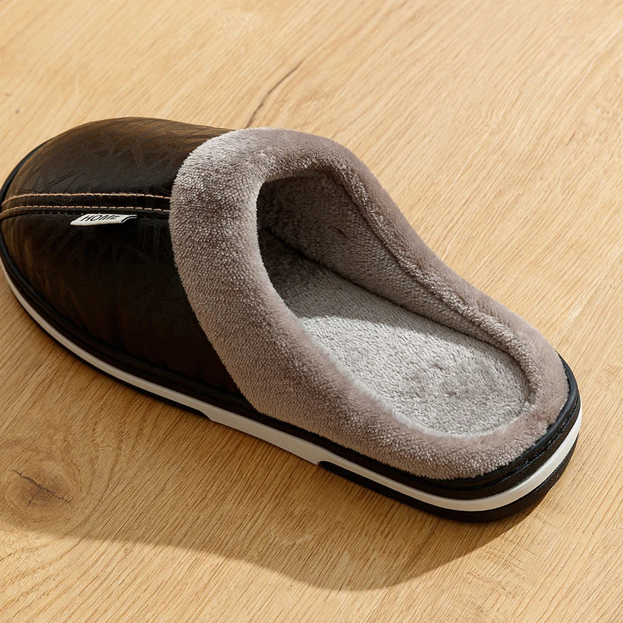 Men's Winter Slippers – Waterproof PU Leather Big Size Home Shoes
