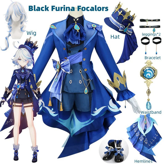 Furina Cosplay Costume Wig Hair Impact Fontaine Focalors with Hat Black Suits High Heel Cosplay Shoes for Women Outfits