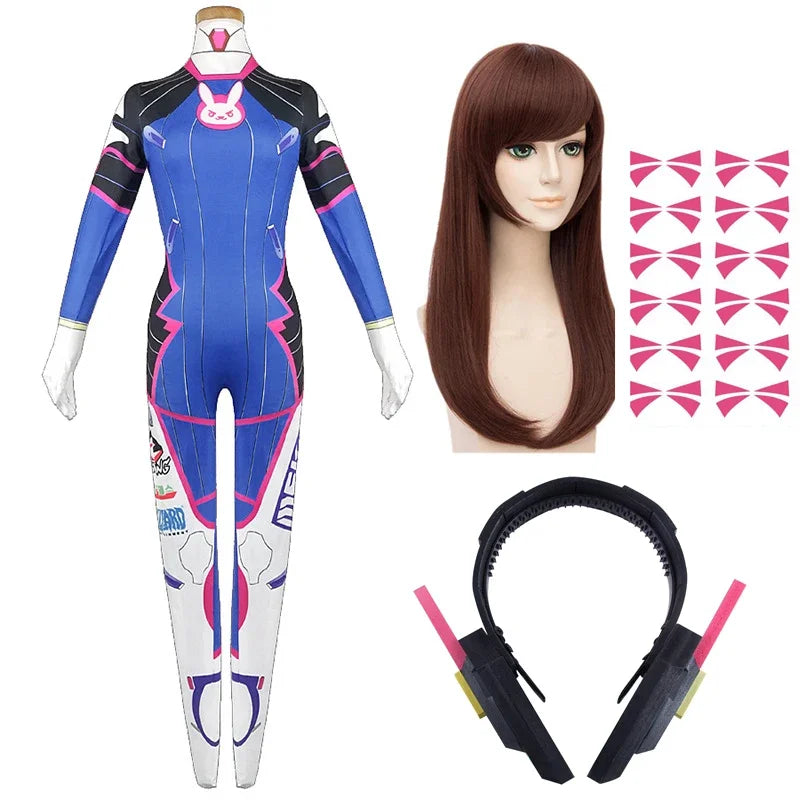 Game Overwatch Dva Cosplay Costumes Tights Jumpsuit Wig Headphone Gun Cosplay Props Tattoo Stickers Suit Woman Party Zentai Cos