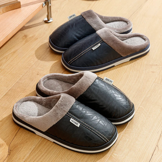 Men's Winter Slippers – Waterproof PU Leather Big Size Home Shoes