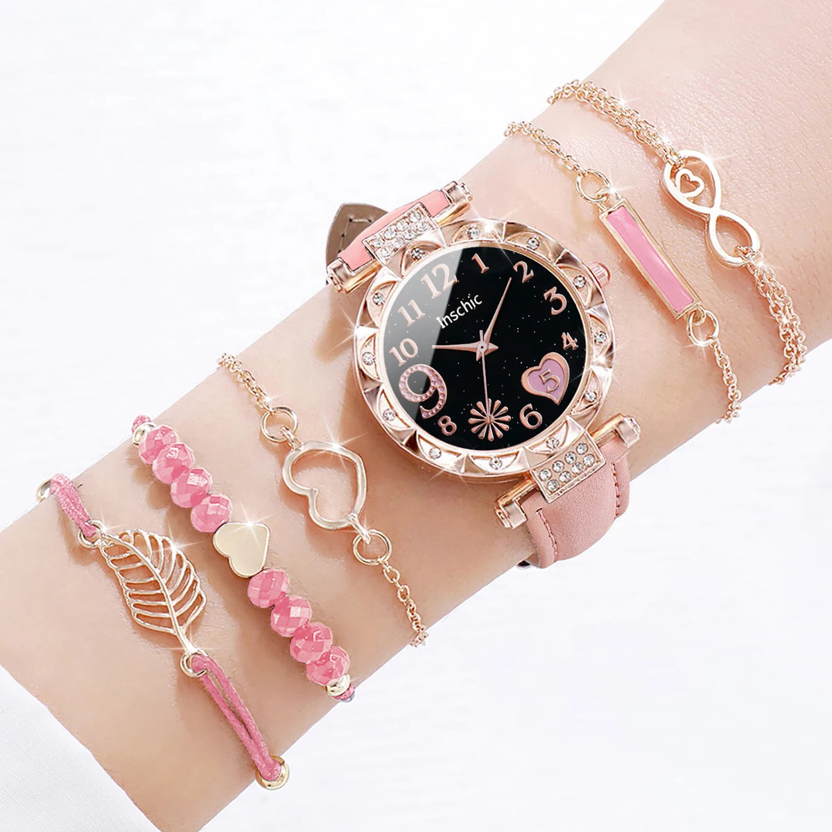 Women's Watch and Bracelet Set with Heart Dial and Leather Band