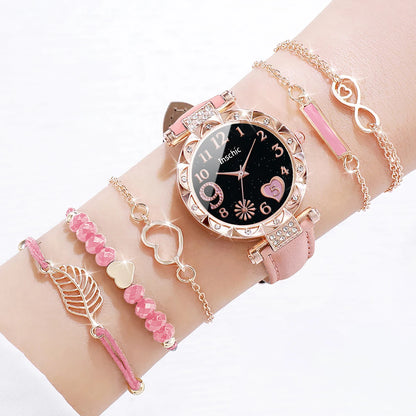 Women's Watch and Bracelet Set with Heart Dial and Leather Band