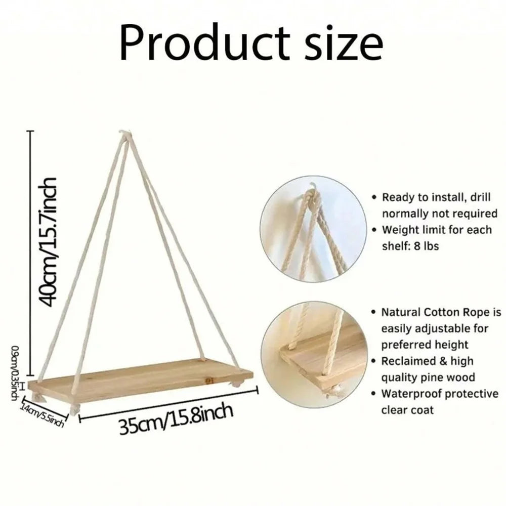 Wood Hanging Shelf with Hemp Rope for Plants, Decor & Storage
