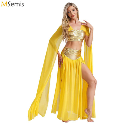 Womens Ancient Rome Egyptian Cleopatra Cosplay Costume Crop Top And Split Skirt Set Carnival Oriental Indian Belly Dance Outfits
