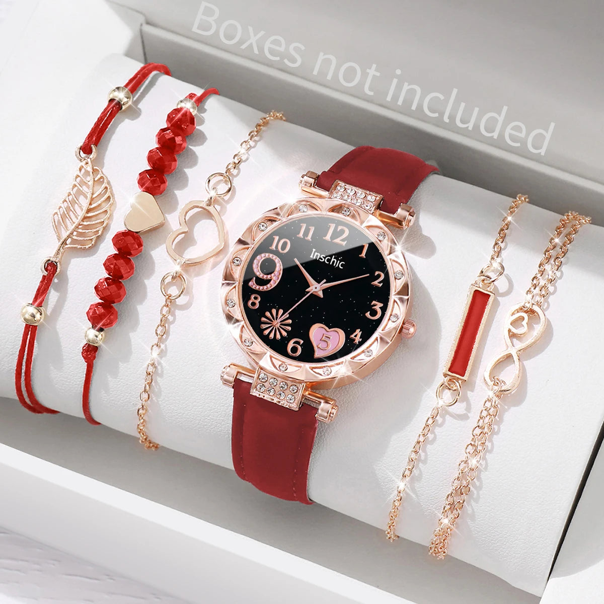 Women's Watch and Bracelet Set with Heart Dial and Leather Band