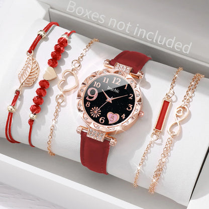 Women's Watch and Bracelet Set with Heart Dial and Leather Band