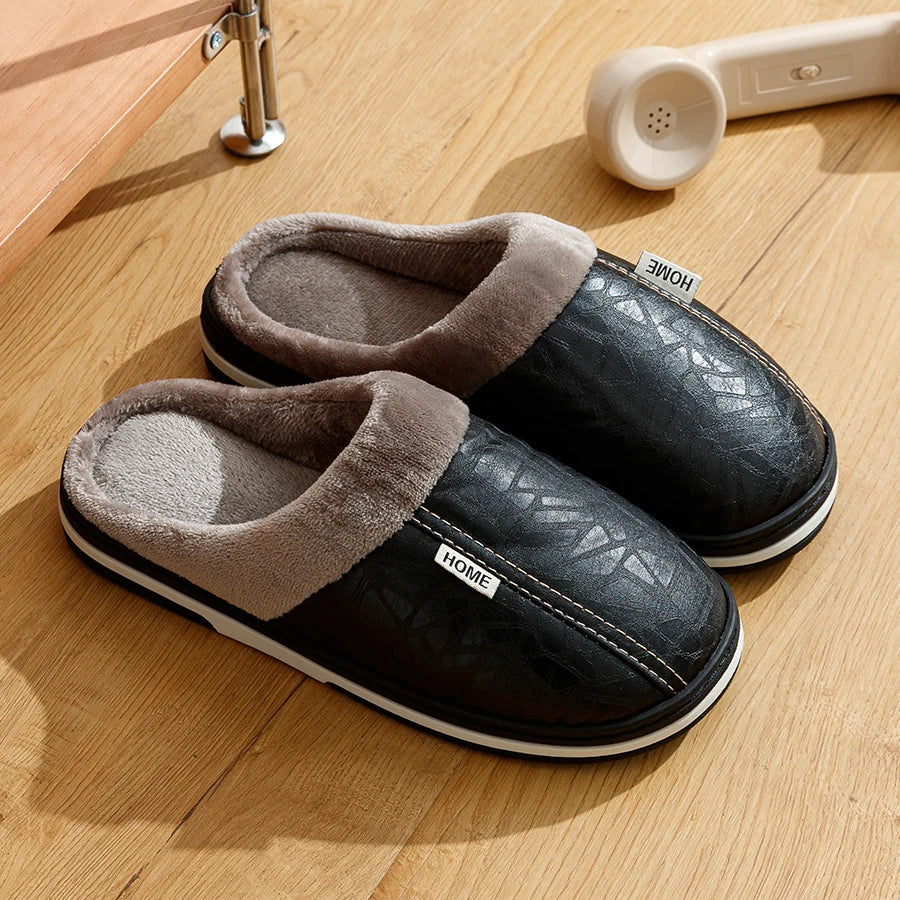Men's Winter Slippers – Waterproof PU Leather Big Size Home Shoes