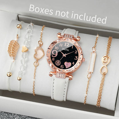 Women's Watch and Bracelet Set with Heart Dial and Leather Band