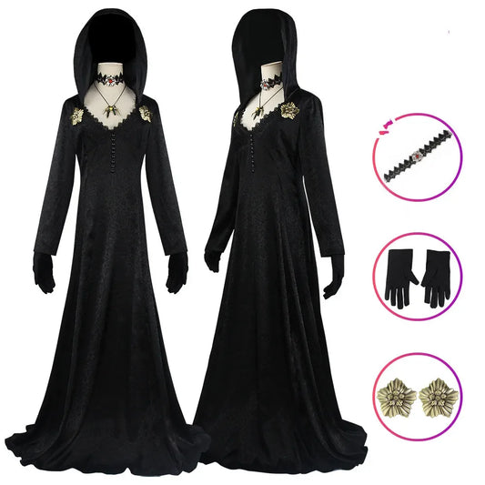Game Evil Village Vampire Lady Daniela Dimitrescu Cosplay Costume Black Dress Outfit Adult Women Halloween Carnival Suit