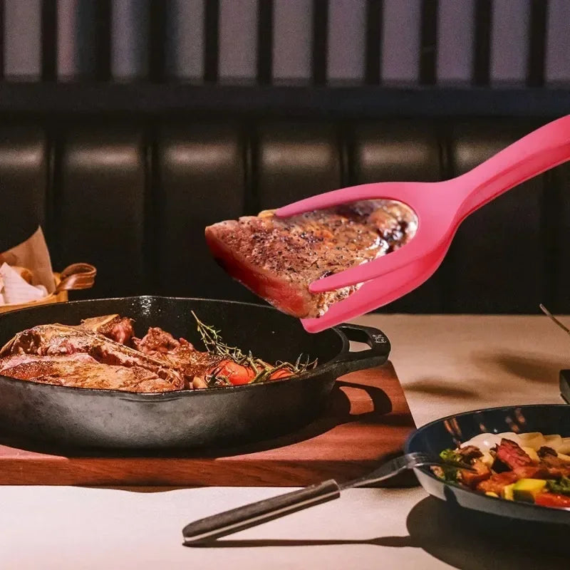2 in 1 Kitchen Tongs with Silicone Spatula for Flipping and Gripping