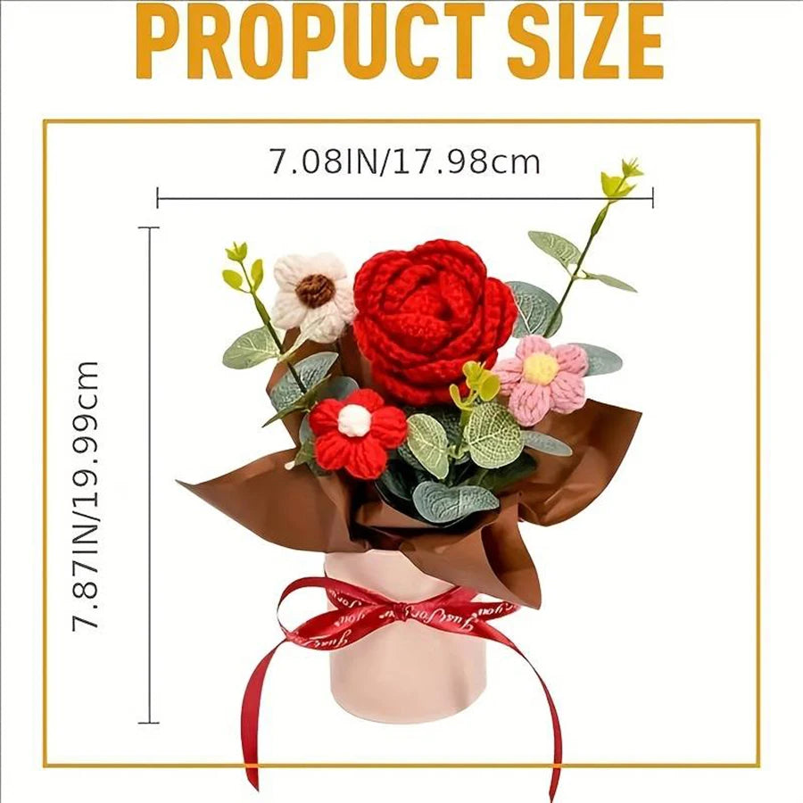 1 Piece of Beautiful Handmade Crocheted Rose and Sunflower Bouquet with a Hug Bucket, Valentine's Day, Mother's Day, Birthday, Housewarming Gift, Room Desktop Decoration
