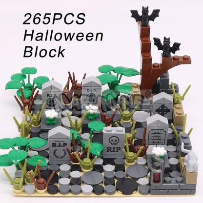 MARUMINE Halloween Building Blocks Set 99-265pcs Graveyard Grave Tombstone Construction Decoration Bricks with Bat Spider Snake