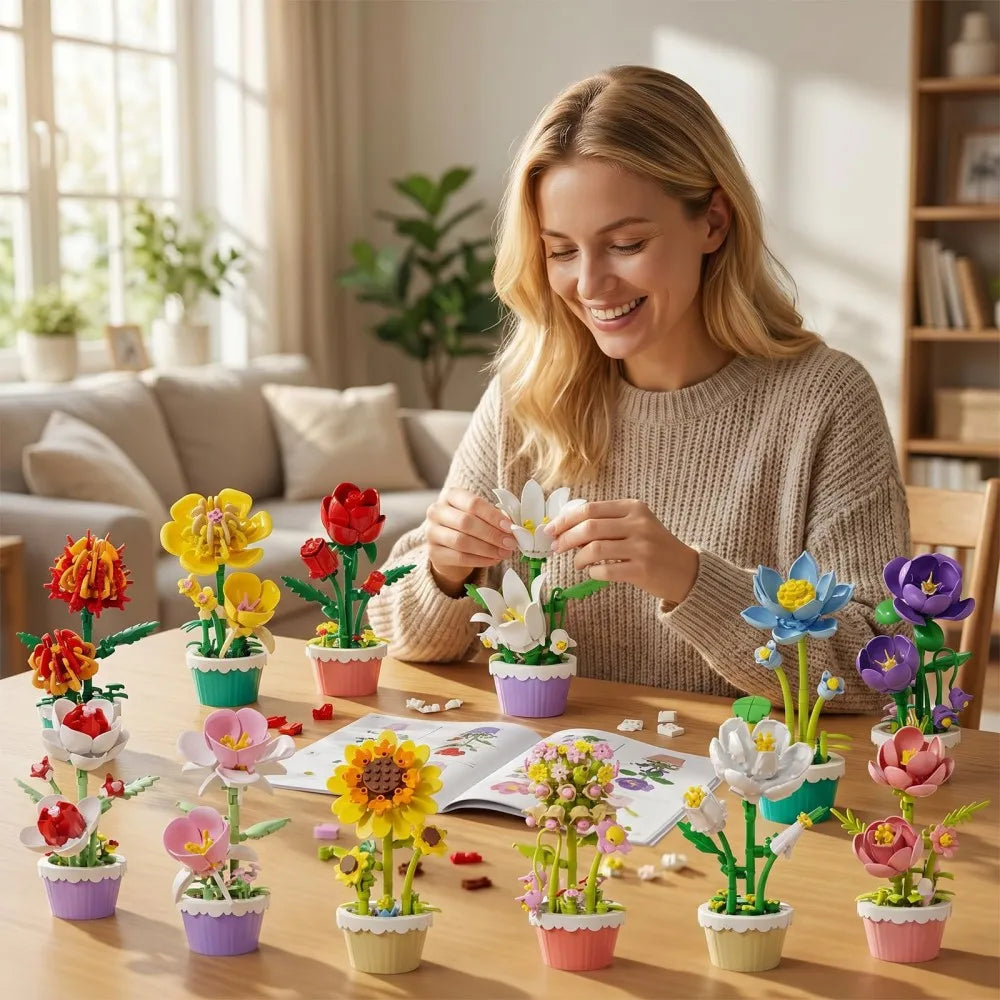 12Pcs Building Block Mini Flower Toy DIY Botanicals Collection Artificial Flowers With Pots Craft Kit For Home Office Desk Decor