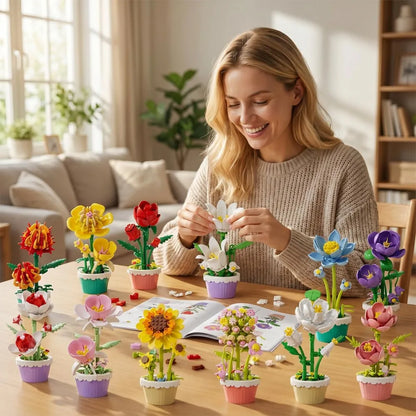 12Pcs Building Block Mini Flower Toy DIY Botanicals Collection Artificial Flowers With Pots Craft Kit For Home Office Desk Decor